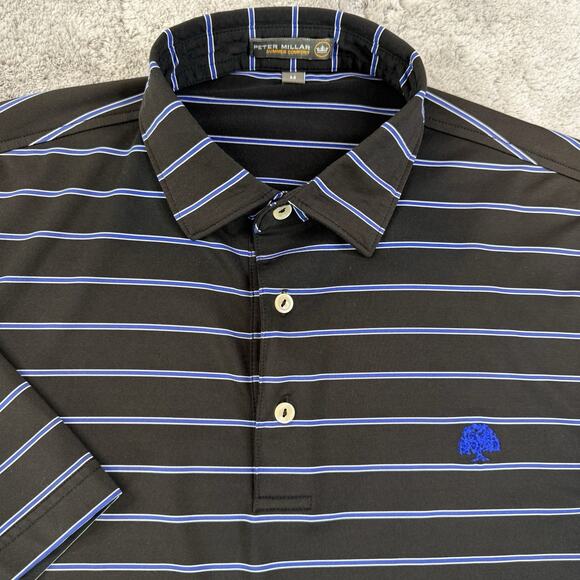 Peter Millar Summer Comfort Men M Golf Polo Shirt Black Blue Striped Performance - Picture 2 of 8